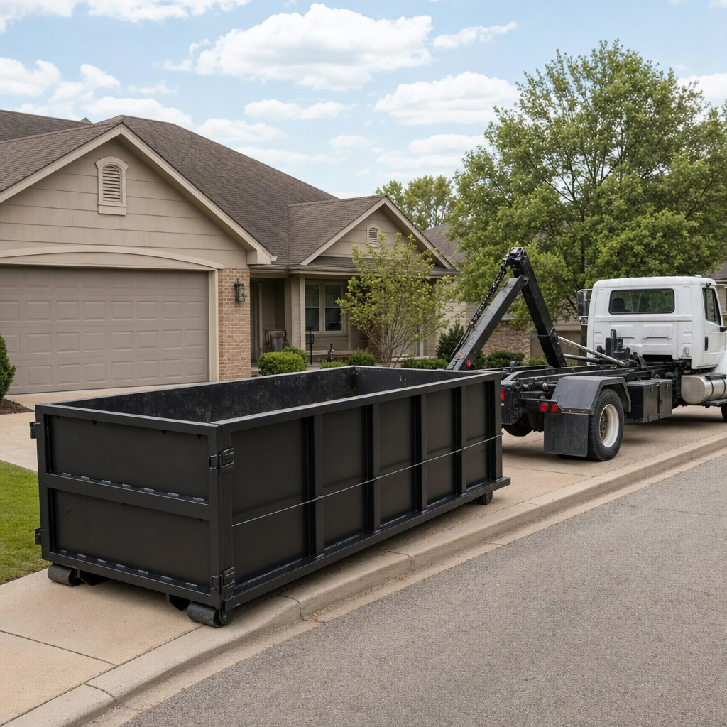 Wide documentary shot of a matte-black roll-off dumpster on a Centennial residential driveway in the foreground and a contractor jobsite container in the soft-focus background, bright daylight, calm and orderly composition.